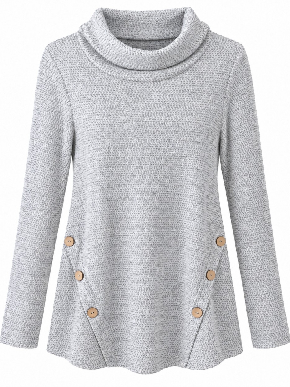 Misia Cozy Light Gray Cowl Neck Sweater with Button Accents Petite Small